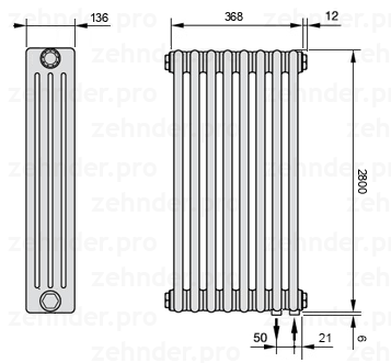 Схема (чертеж) Радиатор Zehnder Charleston 4280/8 №5510 Белый глянцевый RAL 9016